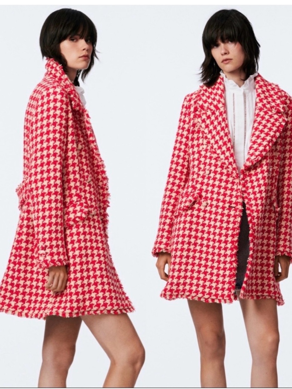Zara Women's Red & White Houndstooth Coat